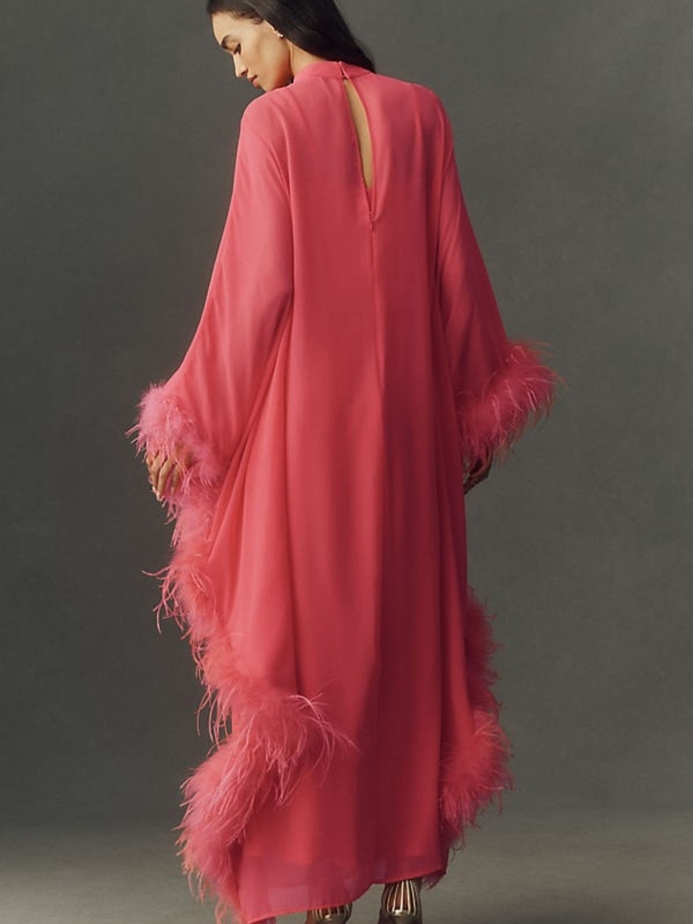 HUTCH Feathered Cuff Satin Kaftan Pink Maxi Dress Anthropologie Size M NWT - Picture 4 of 10